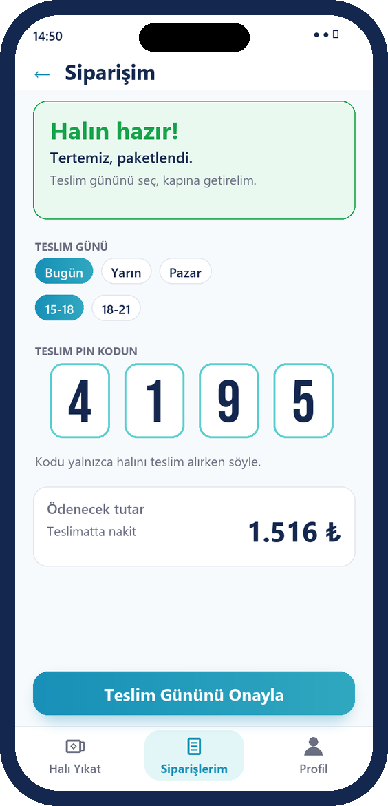 Diyar Halı uygulaması: 4. PIN ile teslim
