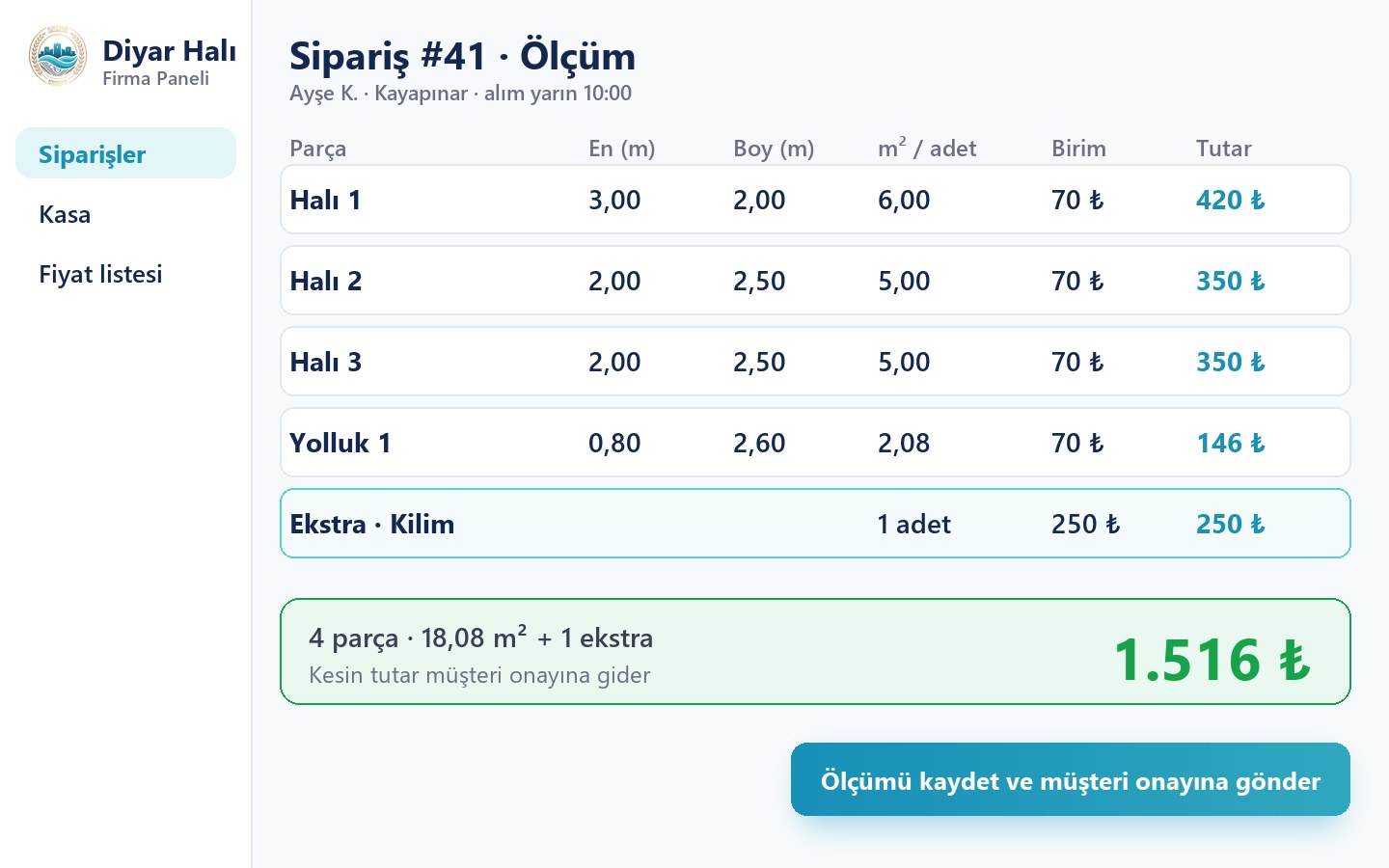 Diyar Halı uygulaması: Ölçüm ve kesin fiyat